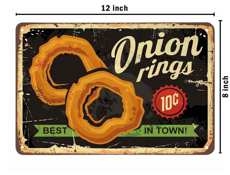 AOYEGO Onion Rings Tin Sign,Restaurant Fast Delicious Food Best in Town Black Vintage Metal Tin Signs for Cafes Bars Pubs Shop Wall Decorative Funny Retro Signs for Men Women 8x12 Inch - Image 2