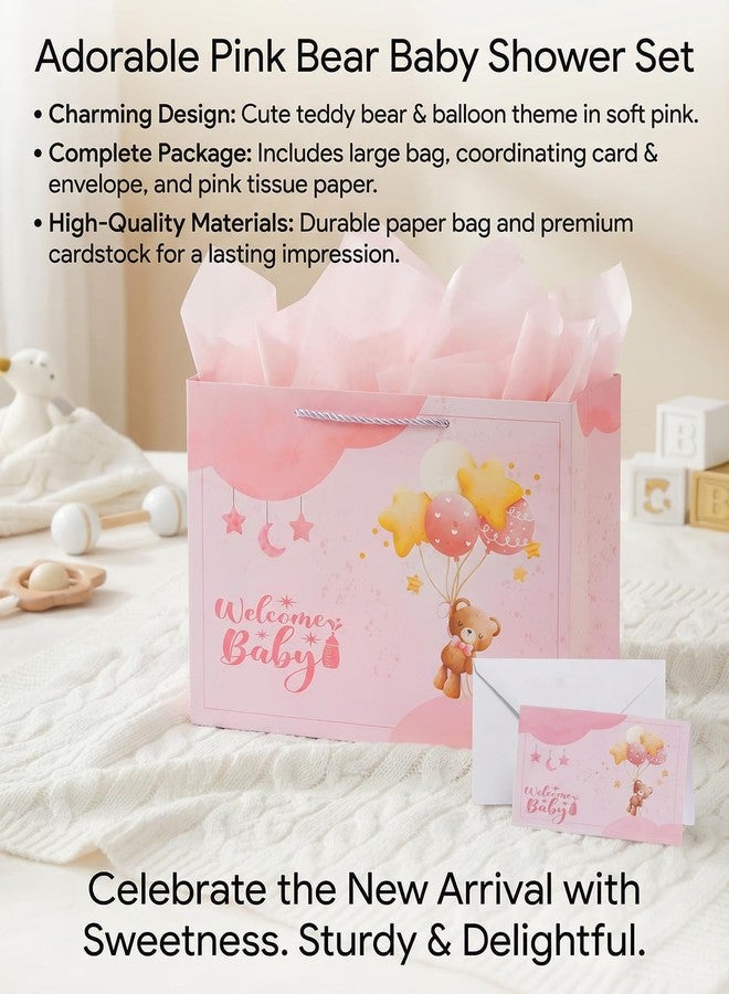 GFInYHM Baby Girl Gift Bag with Tissue Paper & Card, 13" Large Pink Bear Gift Bag for Baby Showers, Newborn Welcome & Birthdays - Image 4
