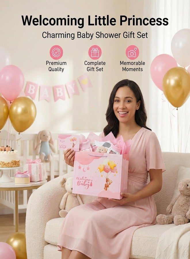 GFInYHM Baby Girl Gift Bag with Tissue Paper & Card, 13" Large Pink Bear Gift Bag for Baby Showers, Newborn Welcome & Birthdays - Image 5