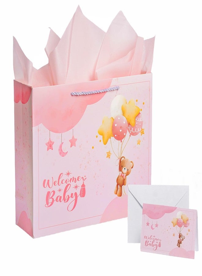 GFInYHM Baby Girl Gift Bag with Tissue Paper & Card, 13" Large Pink Bear Gift Bag for Baby Showers, Newborn Welcome & Birthdays - Image 1