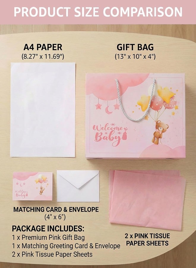 GFInYHM Baby Girl Gift Bag with Tissue Paper & Card, 13" Large Pink Bear Gift Bag for Baby Showers, Newborn Welcome & Birthdays - Image 3