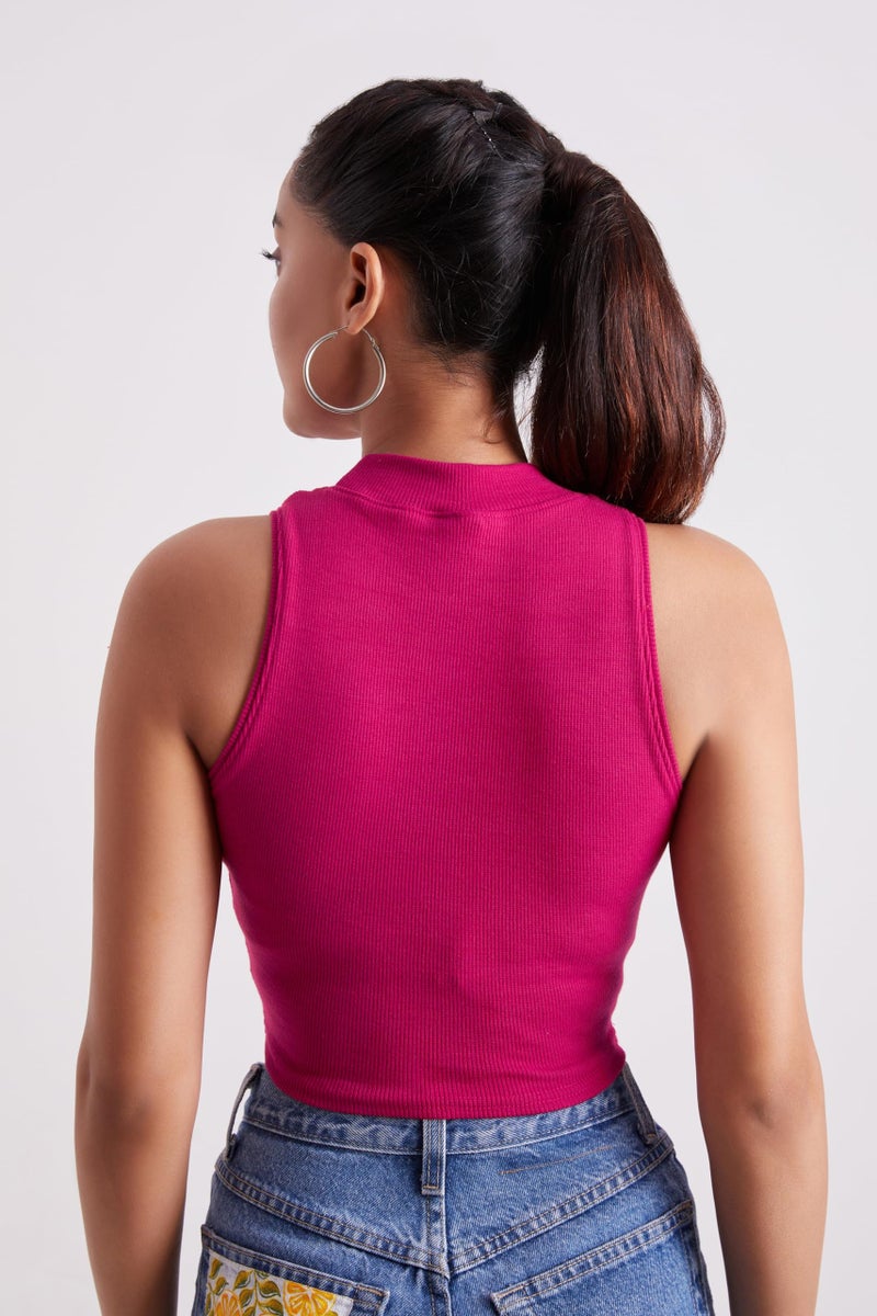 Berry&Bird High Neck Ribbed Sleeveless Tank Tops for Women & Girls Slim Fit Collarless Beach, Gym Wear Pink - Image 2