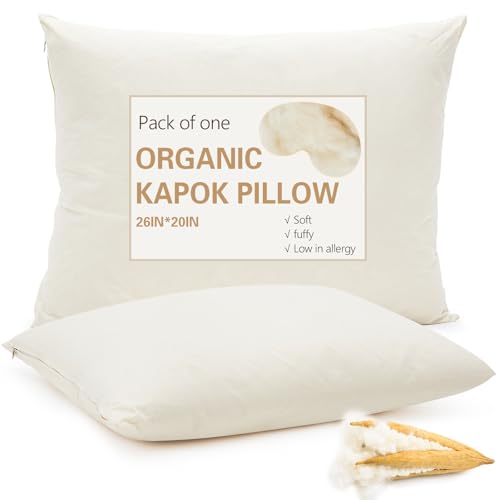 Leinuosen 1 Pack Organic Kapok Pillow 26" x 20" Natural Kapok Fiber Filled Sleeping Pillows with Breathable Cotton Shell, Adjustable Height Soft and Supportive for Comfort Sleeping(Classic) - Image 1