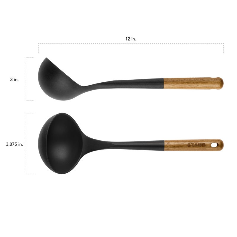 STAUB Soup Ladle, Perfect for Serving Hot Soup, Portion Batter for Pancakes, and Sauce Pasta, Durable BPA-Free Matte Black Silicone, Acacia Wood Handles, Safe for Nonstick Cooking Surfaces - Image 3