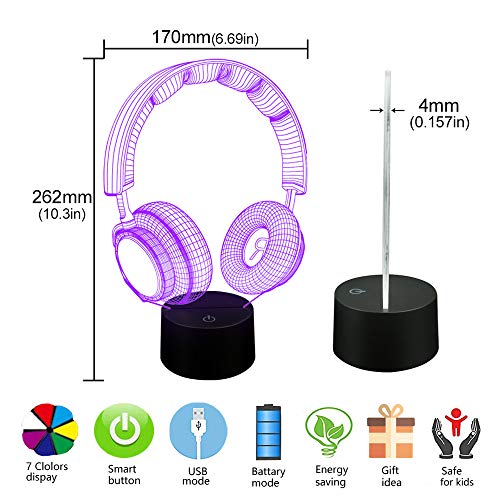 AZIMOM Headphone Headset 3D Illusion Lamp 16Color Night Light,Smart Touch Sensor & Remote Control Bedside Lamps Home Decoration Kids Boys Girls Women Birthday Gifts - Image 4