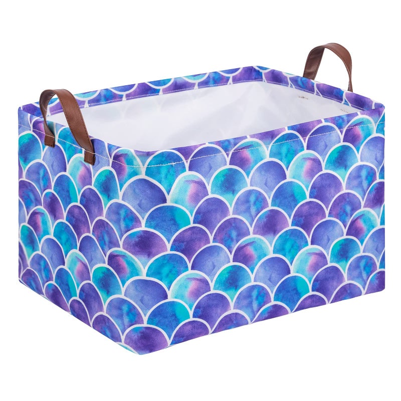 Funnewban Mermaid Storage Bin Basket Collapsible with Leather Handles Waterproof Canvas Storage Cube Box for Closet Toys Clothes Nursery Room Gift Basket