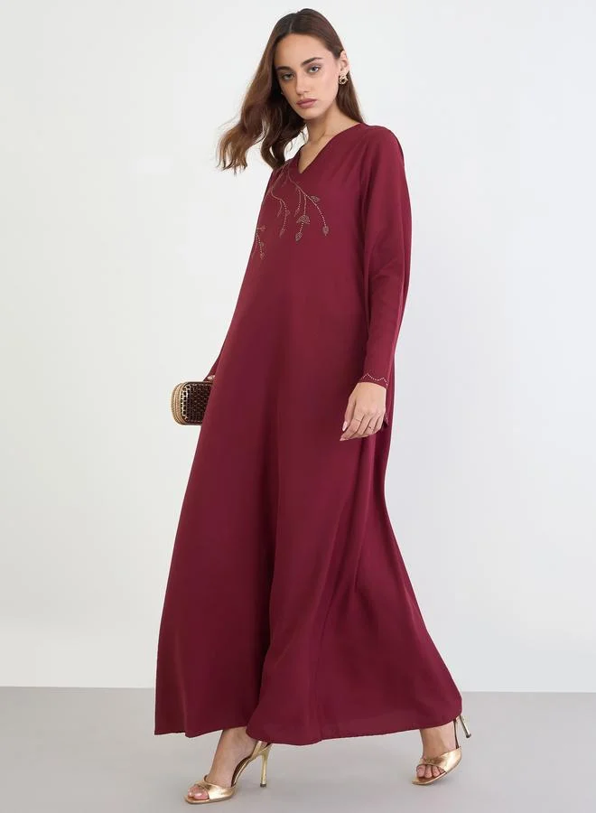 Amirah Red Jalabiya with Rhinestone Embroidery