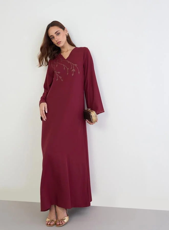 Amirah Red Jalabiya with Rhinestone Embroidery