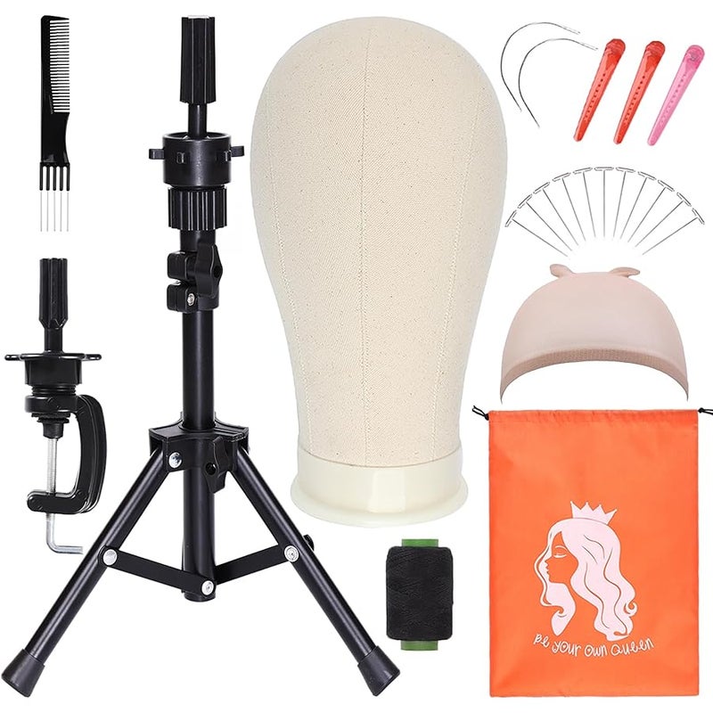PWEOUKE 22 Inch Canvas Head for Wigs with Tripod ,Height Adjustable Wig Stand Tripod with Canvas Block Wig Head,Manikin Head Block Set for Cosmetology with Wig Stand and Storage Bag 22 Inch - Image 1