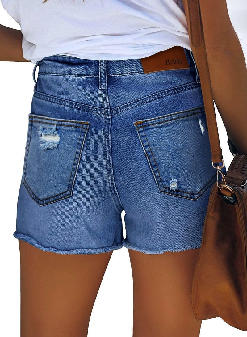 CHICZONE High Waisted Denim Shorts for Women Stretchy Frayed Ripped Distressed Jean Shorts Navy Blue L - Image 3