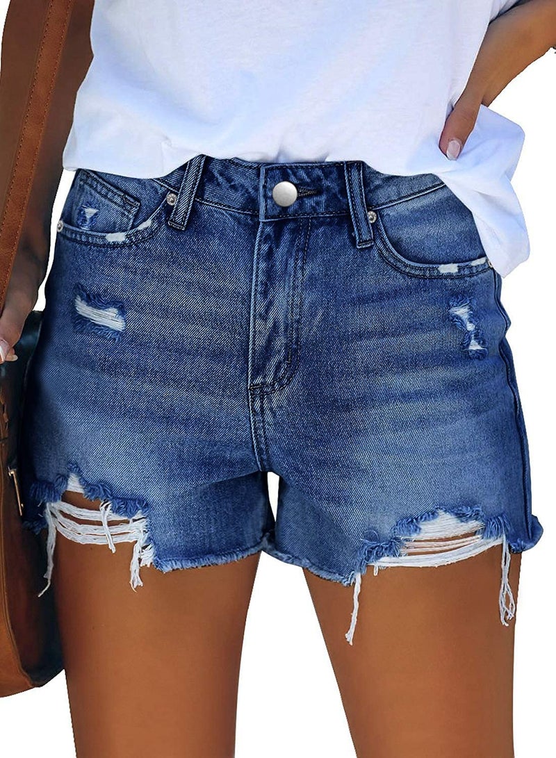 CHICZONE High Waisted Denim Shorts for Women Stretchy Frayed Ripped Distressed Jean Shorts Navy Blue L - Image 1