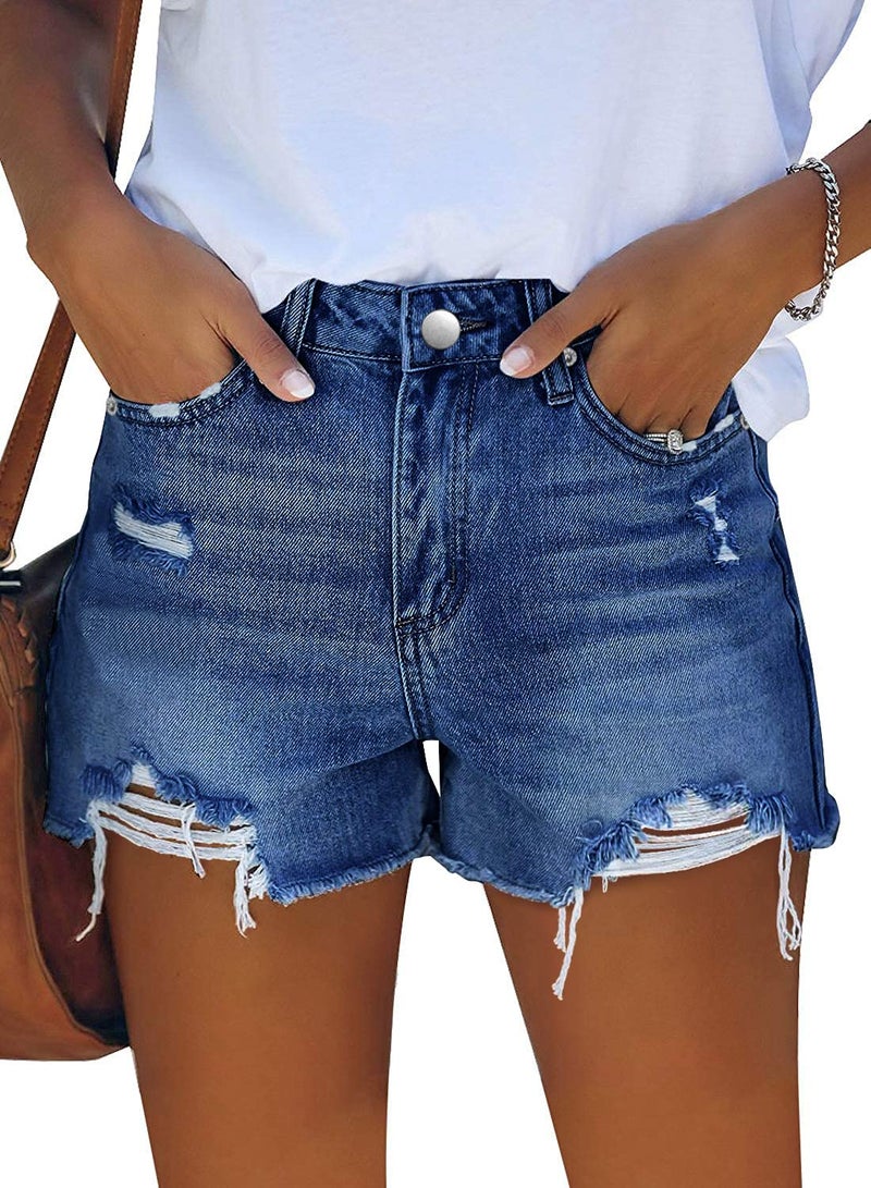 CHICZONE High Waisted Denim Shorts for Women Stretchy Frayed Ripped Distressed Jean Shorts Navy Blue L - Image 2