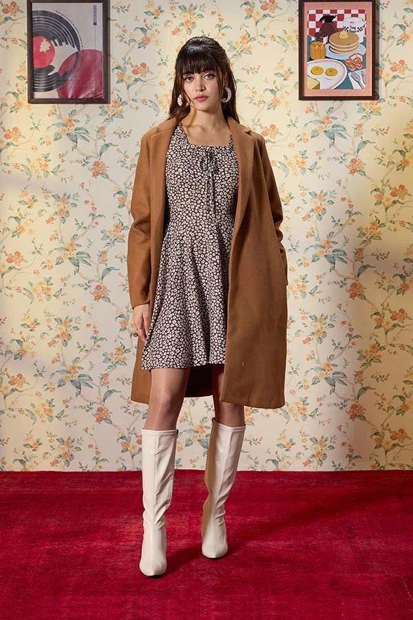 Virgio Virgio Floral Printed Square Neck Puff Sleeve Tie Up Fit & Flare Dress