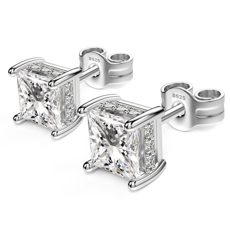 NEOSHOW 18K White Gold Plated Sterling Silver Princess Cut Cubic Zirconia Stud Earrings Square Simulated Diamond CZ Stud Earrings for Women Men Hypoallergenic (5MM, White Gold) - Image 2