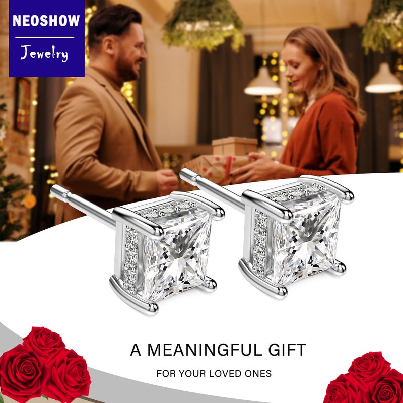 NEOSHOW 18K White Gold Plated Sterling Silver Princess Cut Cubic Zirconia Stud Earrings Square Simulated Diamond CZ Stud Earrings for Women Men Hypoallergenic (5MM, White Gold) - Image 4