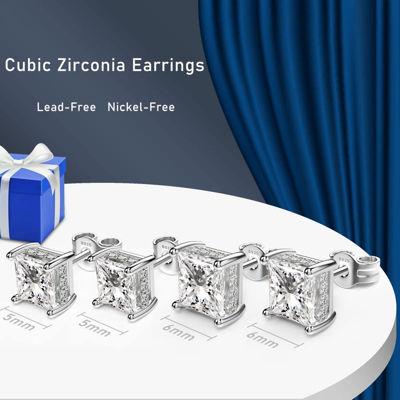 NEOSHOW 18K White Gold Plated Sterling Silver Princess Cut Cubic Zirconia Stud Earrings Square Simulated Diamond CZ Stud Earrings for Women Men Hypoallergenic (5MM, White Gold) - Image 5