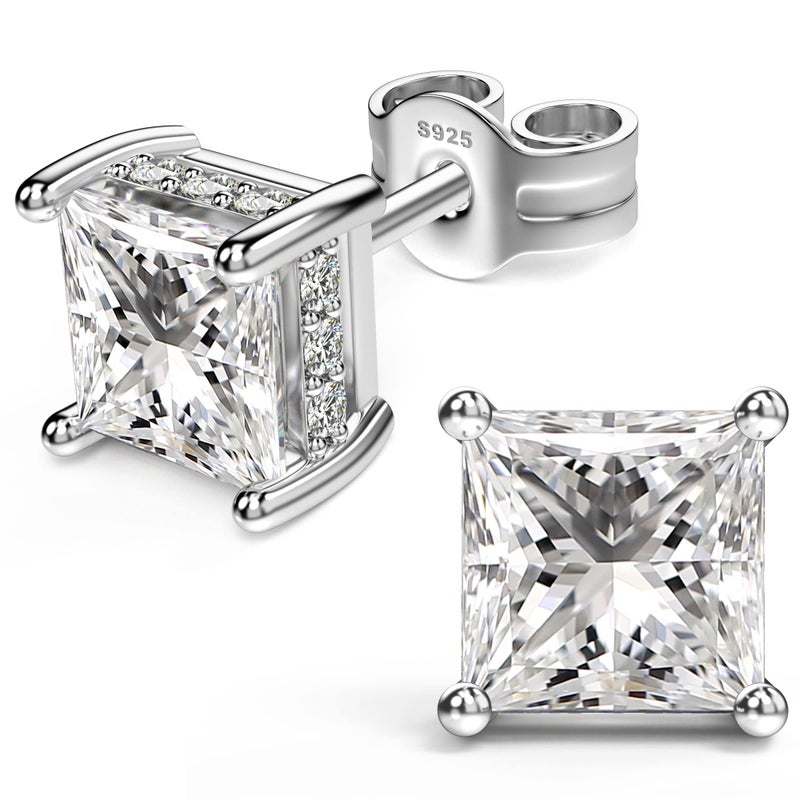 NEOSHOW 18K White Gold Plated Sterling Silver Princess Cut Cubic Zirconia Stud Earrings Square Simulated Diamond CZ Stud Earrings for Women Men Hypoallergenic (5MM, White Gold) - Image 1