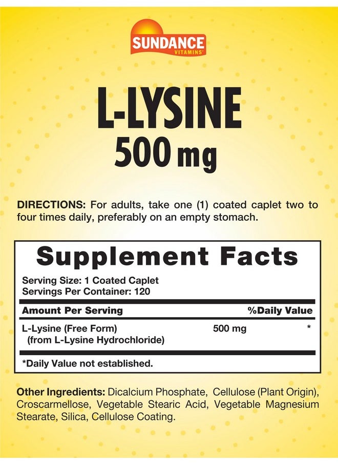 صن دانس - أقراص Sundance L-Lysine 500mg | 120 قرصًا | حمض أميني حر الشكل | مكمل غذائي نباتي وغير معدّل وراثيًا وخالٍ من الجلوتين - Image 1