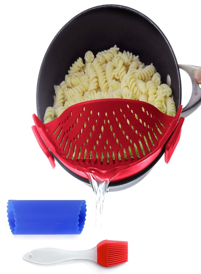Salbree Clip On Kitchen Food Strainer for Spaghetti, Meat, Pasta, & Ground Beef Grease, Colander & Sieve Snaps or Clips Onto Bowls, Pots & Pans Includes Silicone Drainer, Brush & Garlic Peeler (Dk Red) - Image 1