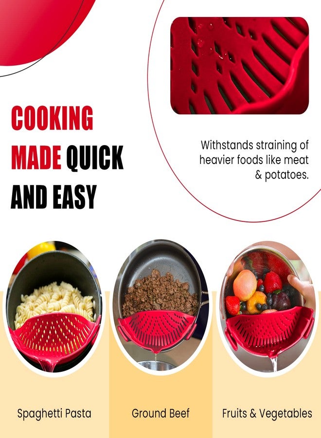 Salbree Clip On Kitchen Food Strainer for Spaghetti, Meat, Pasta, & Ground Beef Grease, Colander & Sieve Snaps or Clips Onto Bowls, Pots & Pans Includes Silicone Drainer, Brush & Garlic Peeler (Dk Red) - Image 5