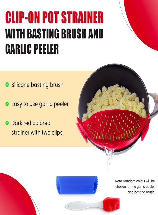 Salbree Clip On Kitchen Food Strainer for Spaghetti, Meat, Pasta, & Ground Beef Grease, Colander & Sieve Snaps or Clips Onto Bowls, Pots & Pans Includes Silicone Drainer, Brush & Garlic Peeler (Dk Red) - Image 2