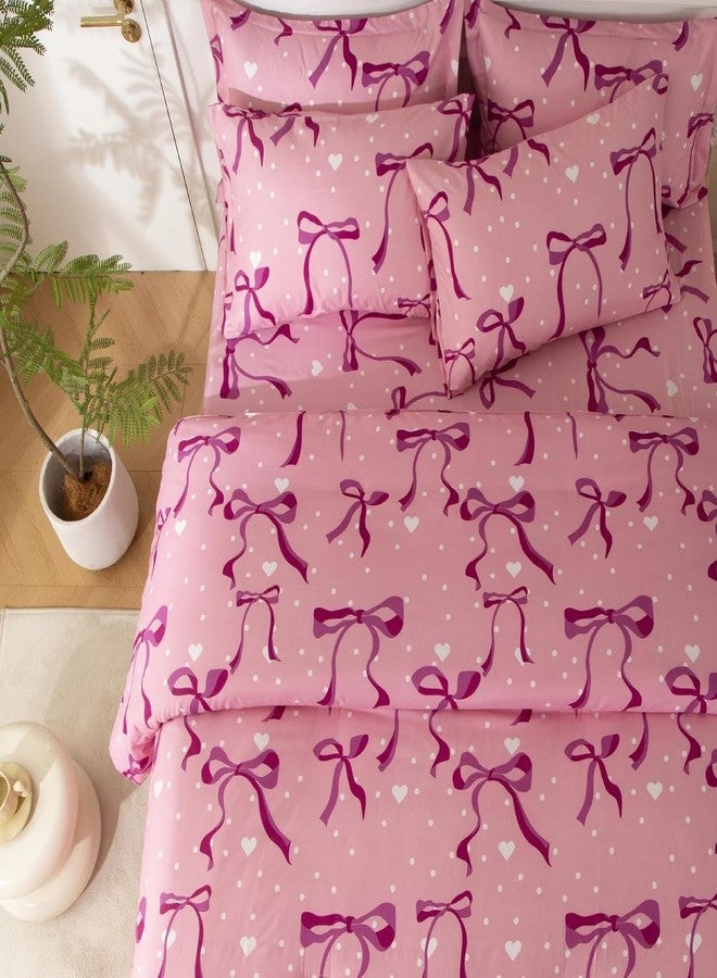 SDY 7PCS Twin Size Pink Bow Comforter & Sheet Set - Cute Room Decor Bedding for Girls, Includes 1 Comforter, 1 Flat &1 Fitted Sheet, 2 Pillowcases & 2 Pillow Shams, Cozy Adorable for Girls’ Bedroom - Image 1