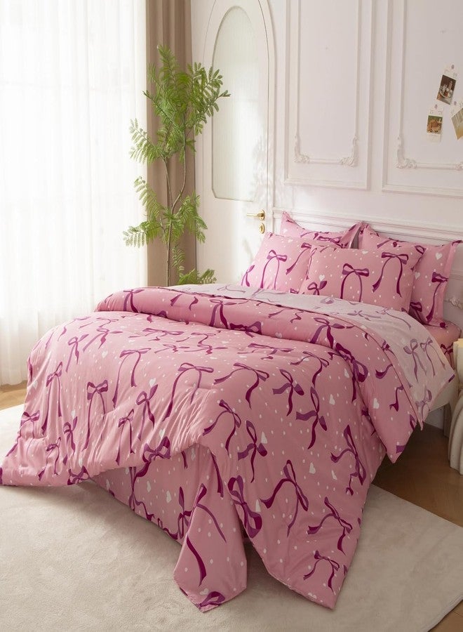 SDY 7PCS Twin Size Pink Bow Comforter & Sheet Set - Cute Room Decor Bedding for Girls, Includes 1 Comforter, 1 Flat &1 Fitted Sheet, 2 Pillowcases & 2 Pillow Shams, Cozy Adorable for Girls’ Bedroom - Image 2