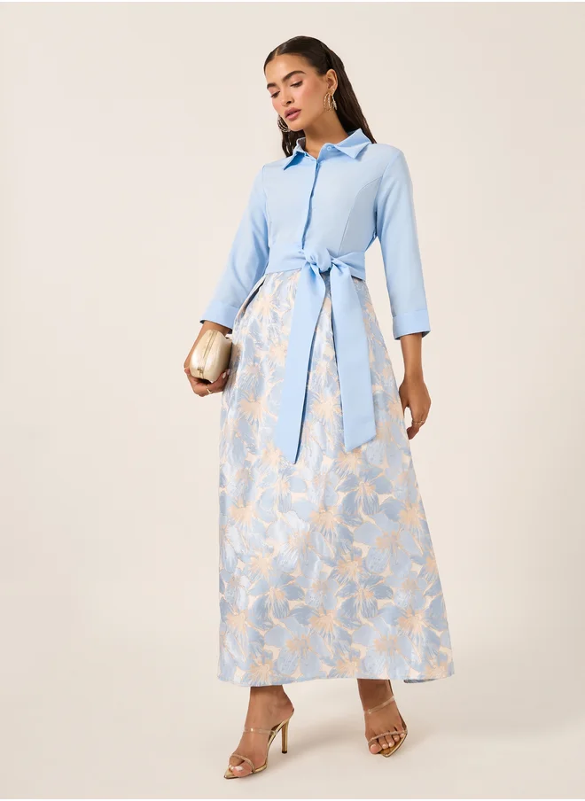 Styli Floral Print 3/4 Sleeves A-Line Maxi Dress with Tie Detail