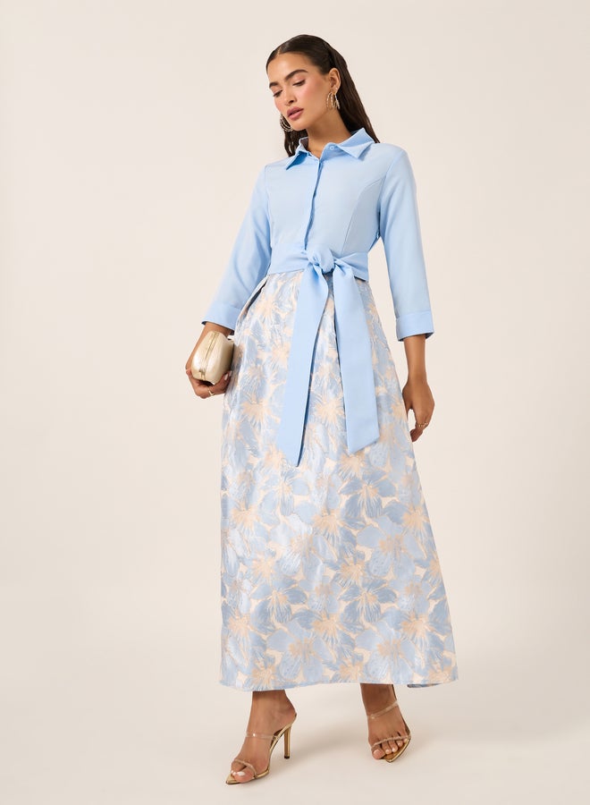 Styli Floral Print 3/4 Sleeves A-Line Maxi Dress with Tie Detail - Image 2