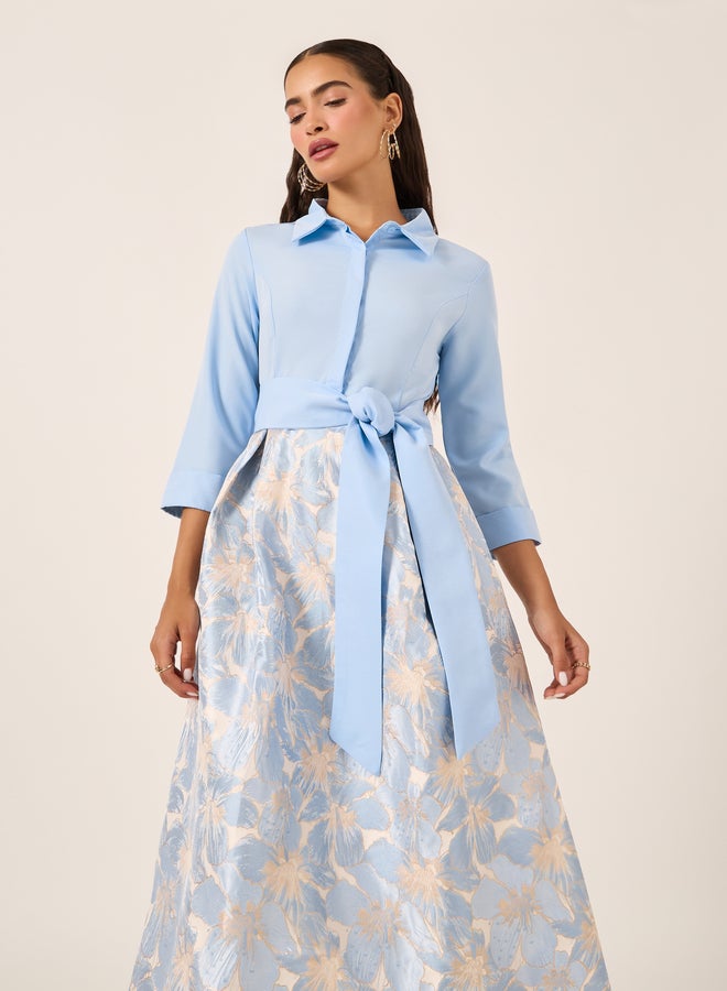 Styli Floral Print 3/4 Sleeves A-Line Maxi Dress with Tie Detail - Image 3