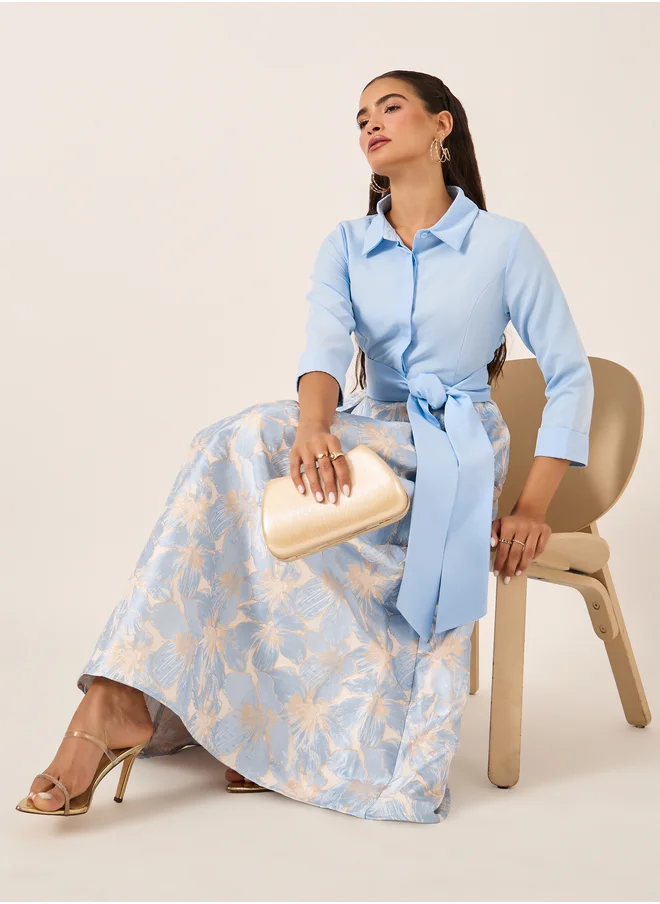 Styli Floral Print 3/4 Sleeves A-Line Maxi Dress with Tie Detail