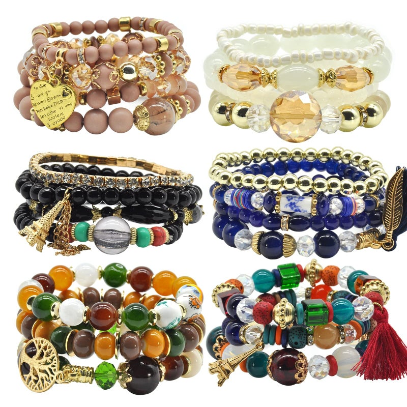 VONRU Bohemian Bracelet Sets for Women 6 Sets Stackable Stretch Multi-color Boho Hippie Dainty Jewelry Best Friend Gift (Bead bracelet set for women) - Image 1