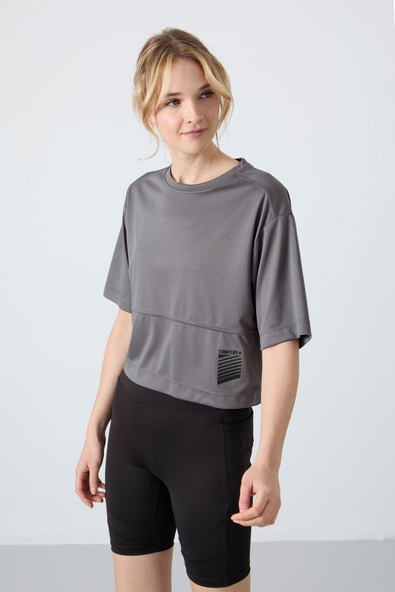 Tommy Life Dark Gray Polyester Breathable Textured Thin Flexible Oversize Fit Performance Women's T-Shirt - 97284  - Image 1