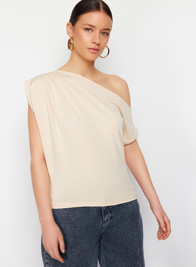 trendyol Stone Regular/Normal Pattern Asymmetrical Collar Zero Sleeve Snap Flexible Knitted Blouse - Image 5