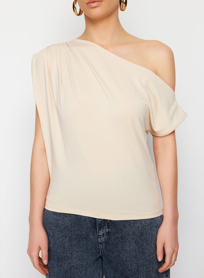 trendyol Stone Regular/Normal Pattern Asymmetrical Collar Zero Sleeve Snap Flexible Knitted Blouse - Image 3
