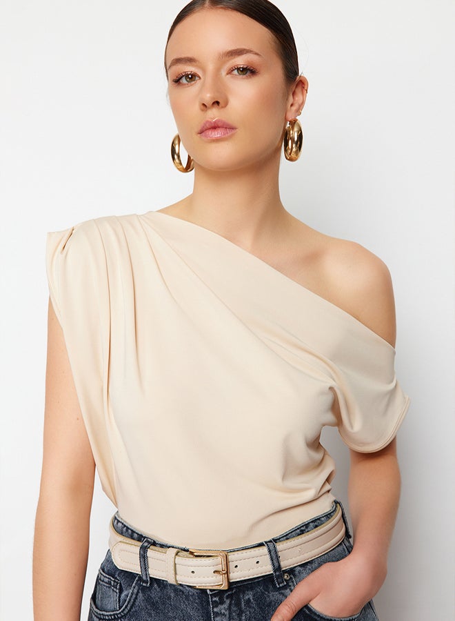 trendyol Stone Regular/Normal Pattern Asymmetrical Collar Zero Sleeve Snap Flexible Knitted Blouse - Image 2