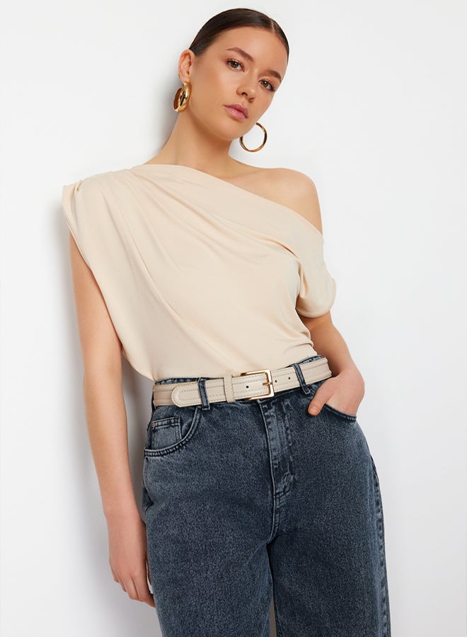trendyol Stone Regular/Normal Pattern Asymmetrical Collar Zero Sleeve Snap Flexible Knitted Blouse - Image 1