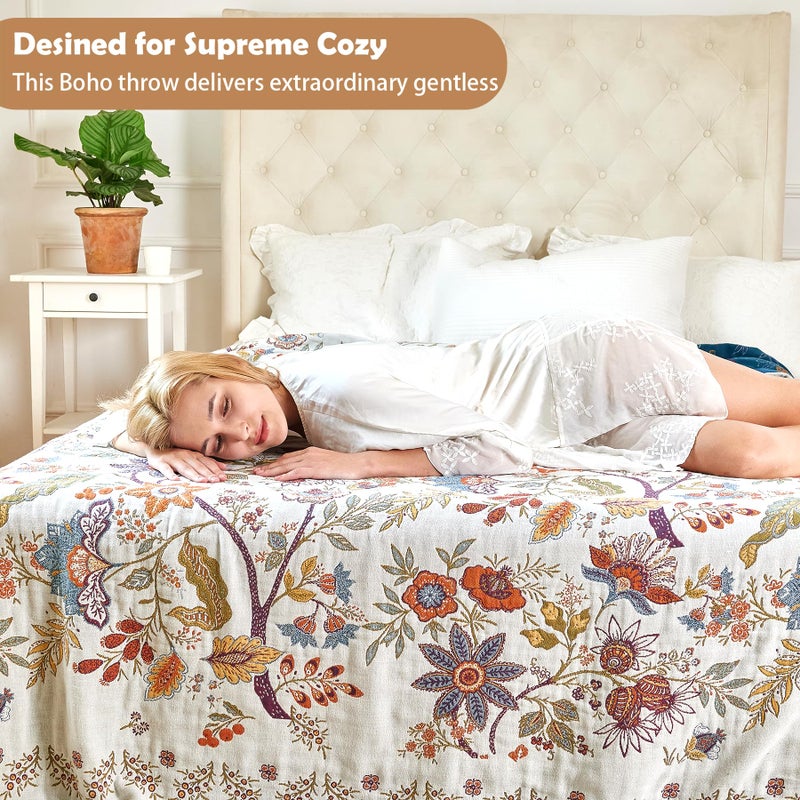 VANJOROY Boho Throw Blanket, 100% Organic Cotton Breathable Skin-Friendly Ultra Soft Bed Quilt Throw - All Season Floral Farmhouse DÃ©cor Luxury Blanket for Sofa Couch Chair and Gift. 60" x 80" - Image 5