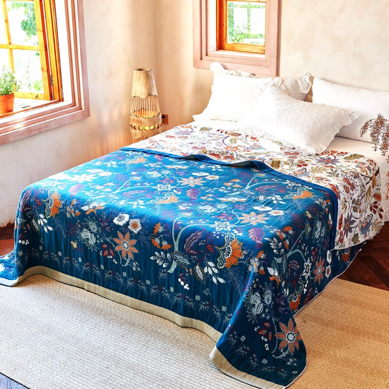 VANJOROY Boho Throw Blanket, 100% Organic Cotton Breathable Skin-Friendly Ultra Soft Bed Quilt Throw - All Season Floral Farmhouse DÃ©cor Luxury Blanket for Sofa Couch Chair and Gift. 60" x 80" - Image 4