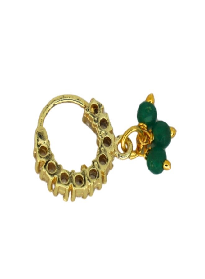 JWELLA Traditional Maharashtrian Nath for Women | Gold Plated Nose Ring with White AD Stones & Green Bead Danglers | Bridal & Festive Jewelry - Image 4