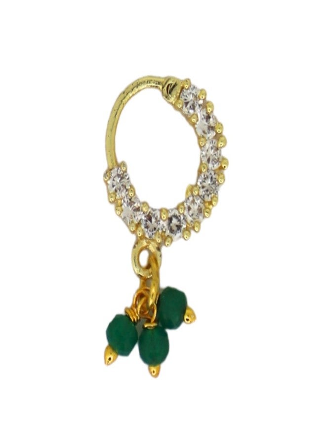 JWELLA Traditional Maharashtrian Nath for Women | Gold Plated Nose Ring with White AD Stones & Green Bead Danglers | Bridal & Festive Jewelry - Image 1