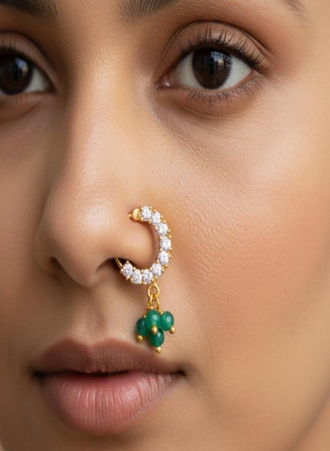 JWELLA Traditional Maharashtrian Nath for Women | Gold Plated Nose Ring with White AD Stones & Green Bead Danglers | Bridal & Festive Jewelry - Image 3