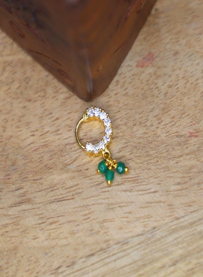 JWELLA Traditional Maharashtrian Nath for Women | Gold Plated Nose Ring with White AD Stones & Green Bead Danglers | Bridal & Festive Jewelry - Image 2