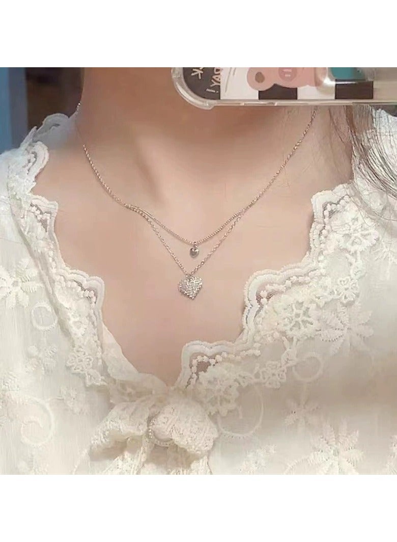 جلوسكي Silver Double-Layer Heart Necklace for Women – Elegant Small-Brand Luxury Collarbone Chain, Unique Designer Choker - Image 2