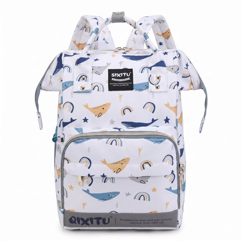 Multi-Functional Cute Baby Diaper Backpack with Spacious Storage and Modern Print Design - White