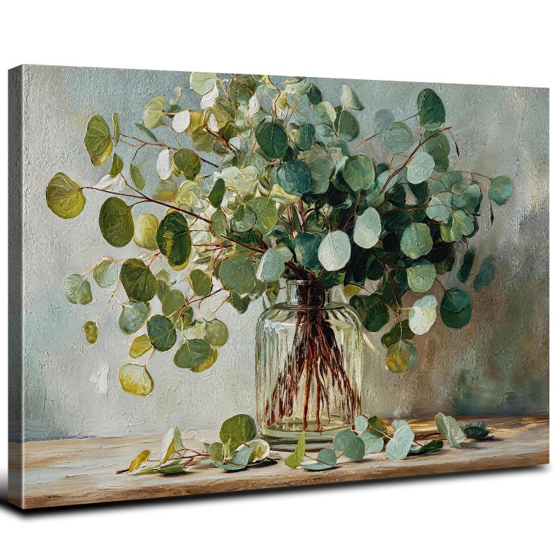 AREBOLO Eucalyptus Wall Art Sage Green Bathroom Decor Botanical Picture Plant Leaf Canvas Prints Painting for Living Room Watercolor Nature Mason Jar Flower Poster Vintage Artwork Home Decorations 12x16 - Image 2