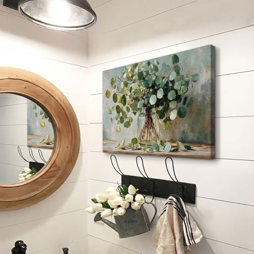 AREBOLO Eucalyptus Wall Art Sage Green Bathroom Decor Botanical Picture Plant Leaf Canvas Prints Painting for Living Room Watercolor Nature Mason Jar Flower Poster Vintage Artwork Home Decorations 12x16 - Image 3
