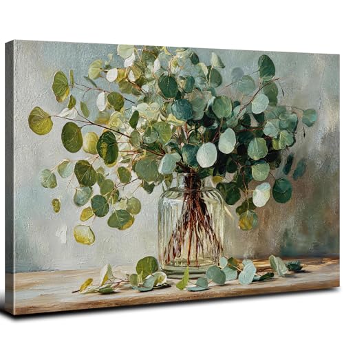 AREBOLO Eucalyptus Wall Art Sage Green Bathroom Decor Botanical Picture Plant Leaf Canvas Prints Painting for Living Room Watercolor Nature Mason Jar Flower Poster Vintage Artwork Home Decorations 12x16 - Image 1