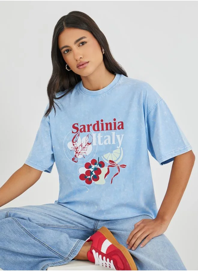 Styli Styli Sardinia Italy Graphic Print Acid Washed Oversized T-Shirt