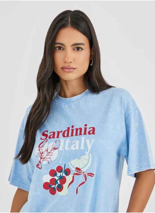 Styli Styli Sardinia Italy Graphic Print Acid Washed Oversized T-Shirt